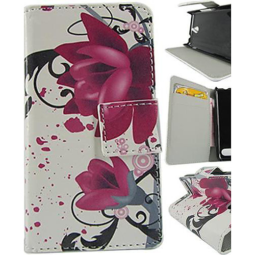 Wallet Style Lotus PU Leather Full Body Cover with Stand and Card Slot for Sony Xperia E1