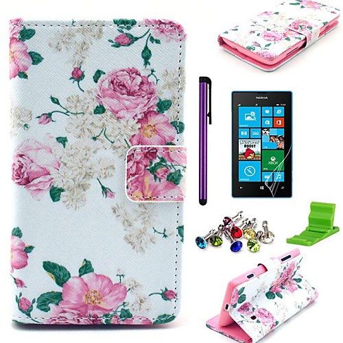 Beautiful Rose Flower Pattern PU Leather Case with Screen Protector,Stylus,Dust Plug and Stand for Nokia Lumia N520