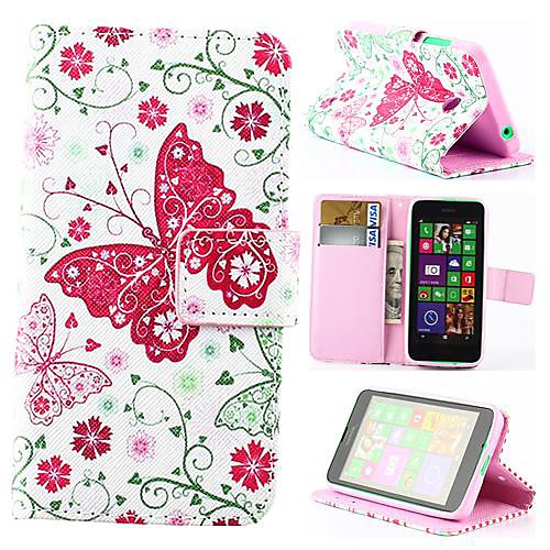 Wallet Style Red butterfly flower PU Leather Full Body Case with Stand and Card Slot for Nokia Lumia N630