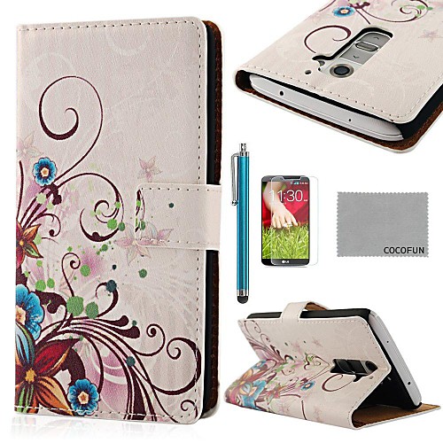 COCO FUN Purple Rose Silk Pattern PU Leather Full Body Case with Screen Protector, Stylus and Stand for LG G2