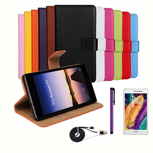 Luxury Ultra Slim Solid Color Genuine Leather Case with Film,Cable and Stylus for Huawei Ascend P7 (Assorted Color)