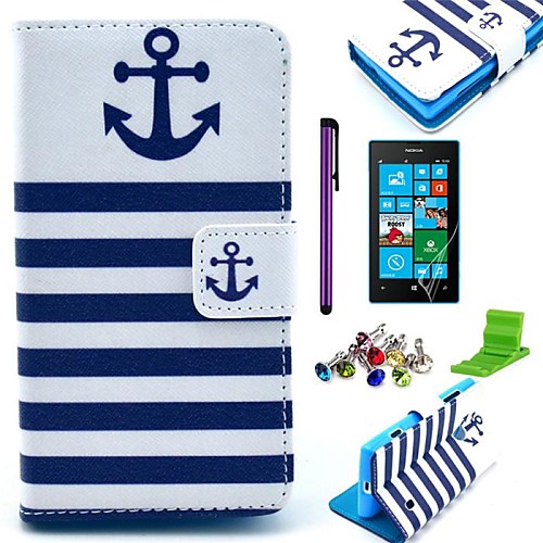 Striped Anchor Pattern PU Leather Case with Screen Protector,Stylus,Dust Plug and Stand for Nokia Lumia N520