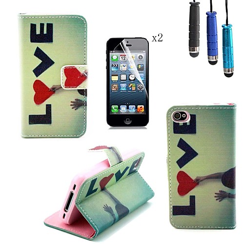 LOVE Pattern PU Leather Cover with Card Slot with Touch Pen and Protective Film 2 Pcs for iPhone 4/4s