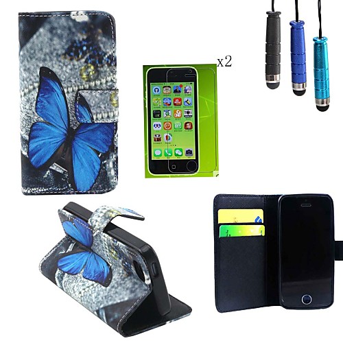 Butterfly Pattern PU Leather Cover with Card Slot with Touch Pen and Protective Film 2 Pcs for iPhone 5C