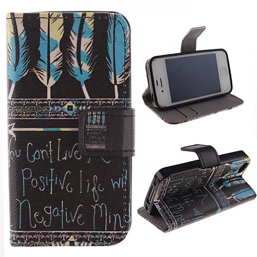 Feathers and English Letters Pattern  PU Leather Full Body Cover with Stand and Money Holder for iPhone 4/4S