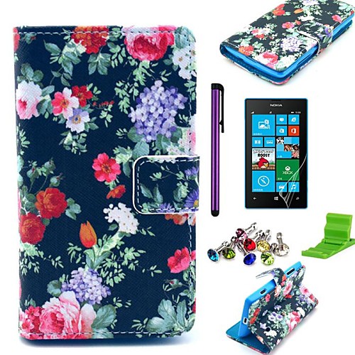 Black Rose Flower Pattern PU Leather Case with Screen Protector,Stylus,Dust Plug and Stand for Nokia Lumia N520