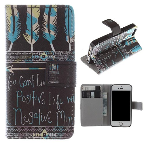 Feathers and English Letters Pattern PU Leather Full Body Case with Stand and Card Slot for iPhone 5/5S