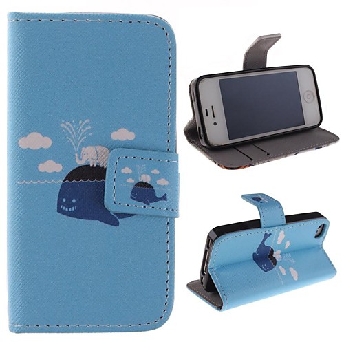 Cartoon Whales and Elephants Pattern PU Leather Full Body Cover with Stand and Money Holder for iPhone 4/4S