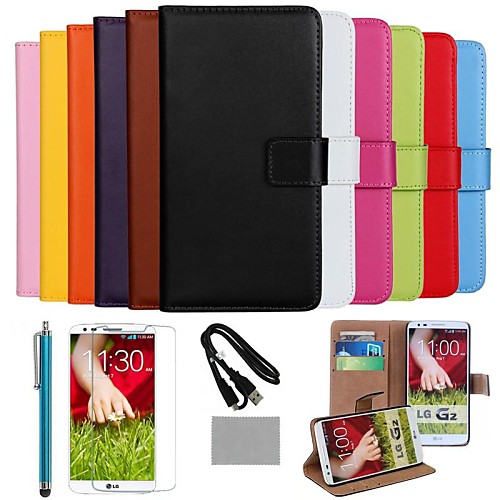 COCO FUN Luxury Ultra Slim Solid Color Genuine Leather Case with Film,Cable and Stylus for LG G2(Assorted Colors)