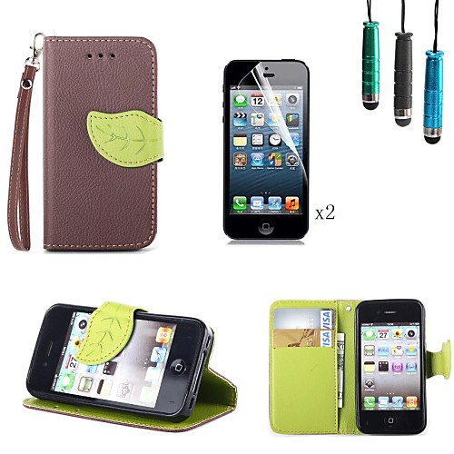 Leaves Pattern PU Leather Cover with Card Slot with Touch Pen and Protective Film 2 Pcs for iPhone 4/4s(Assorted Colors)