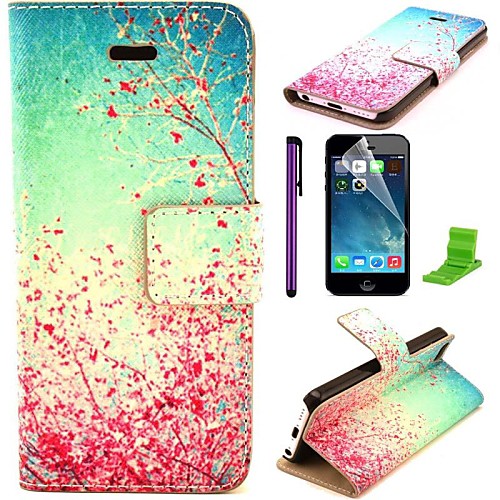 Cherry Blossoms in Full Bloom Pattern PU Leather Case with Screen Protector and Stylus for iPhone 5C