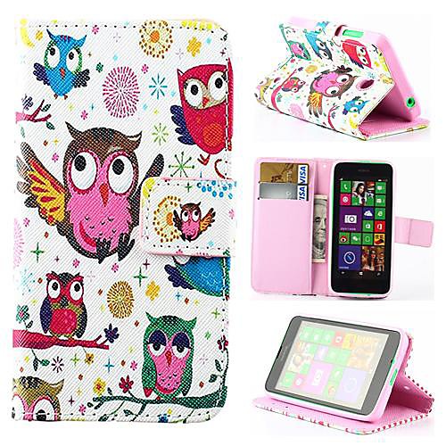 Wallet Style Color cartoon owl PU Leather Full Body Case with Stand and Card Slot for Nokia Lumia N630