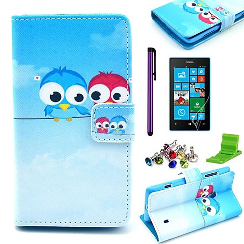 Lover Owl Pattern PU Leather Case with Screen Protector,Stylus,Dust Plug and Stand for Nokia Lumia N520