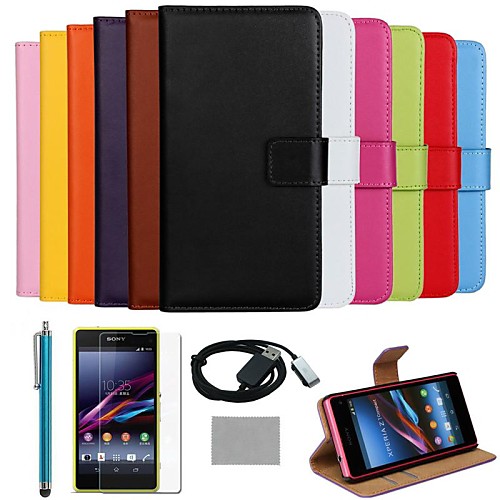 COCO FUN Ultra Slim Solid Genuine Leather Case with Film,Cable and Stylus for Sony Z1 mini Compact(Assorted Colors)