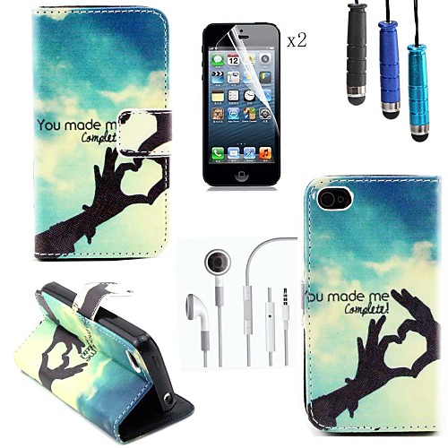 Hand Pattern PU Leather Cover with Card Slot with Touch Pen,Protective Film 2 Pcs and Headset for iPhone 4/4s