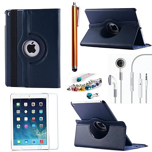 Litchi Rotating PU Leather with Protective Film,Stylus,Headset and Dust Plug for iPad Air 2/iPad 6  (Assorted Colors)