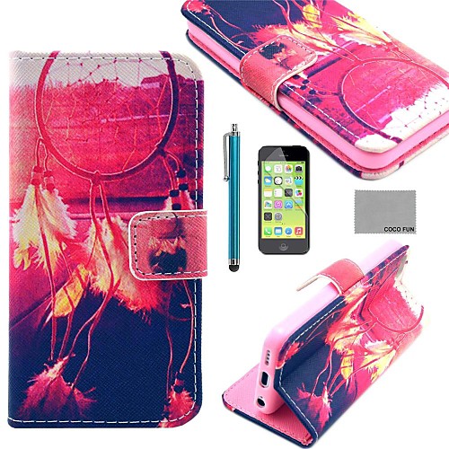 COCO FUN Red Windbell Pattern PU Leather Full Body Case with Screen Protector,Stylus and Stand for iPhone 5C