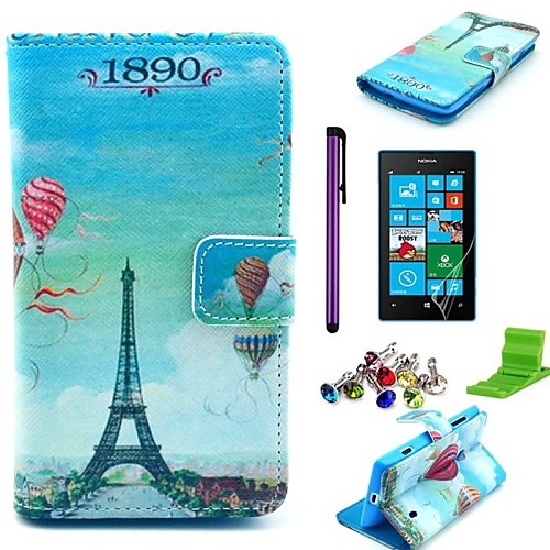 Balloon Eiffel Tower Pattern PU Leather Case with Screen Protector,Stylus,Dust Plug and Stand for Nokia Lumia N520