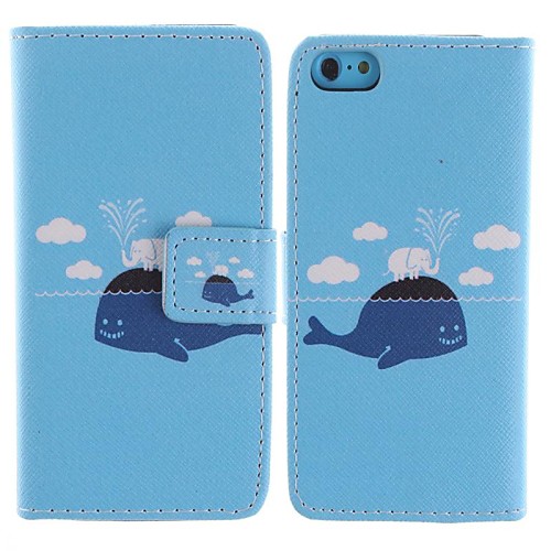 Cartoon Whales and Elephants Pattern PU Leather Full Body Case with Stand and Card Slot for iPhone 5C