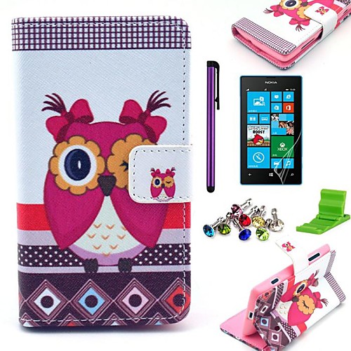 Beautiful Female Owl Pattern PU Leather Case with Screen Protector,Stylus,Dust Plug and Stand for Nokia Lumia N520