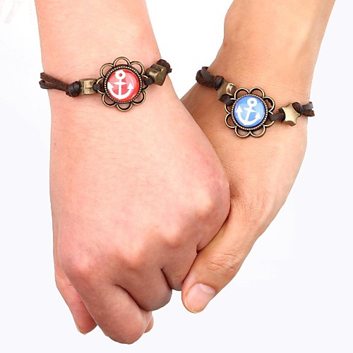 Time Gem Anchor in the Flower Leather Couple Bracelet