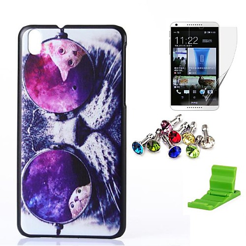 Glasses Cat Pattern PC Hard Case with Screen Protector,Anti-dust Plug and Stand for HTC Desire 816