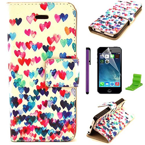 Colorful Heart Pattern PU Leather Case with Screen Protector and Stylus for iPhone 5C