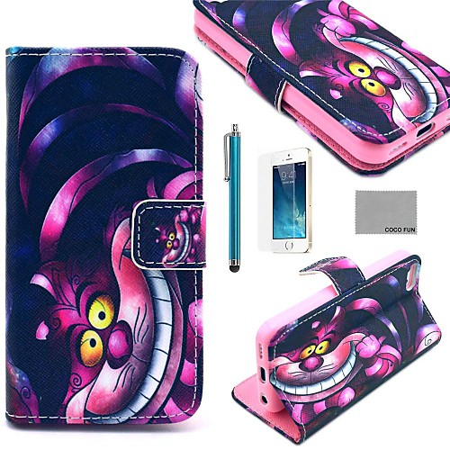 COCO FUN Purple Carton Cat Pattern PU Leather Full Body Case with Film and Stand and Stylus for iPhone 5/5S