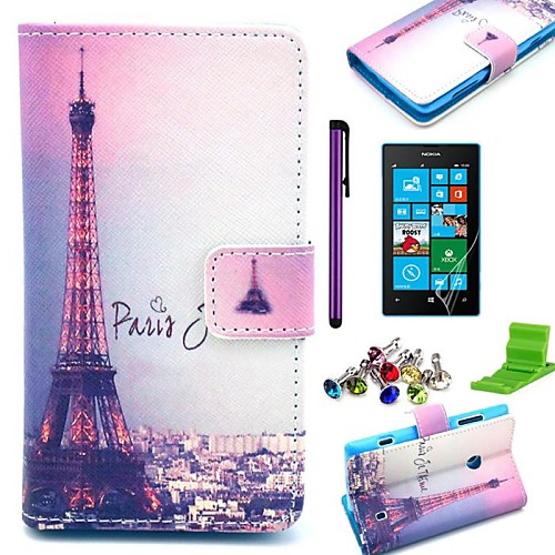 Signature Eiffel Tower Pattern PU Leather Case with Screen Protector,Stylus,Dust Plug and Stand for Nokia Lumia N520