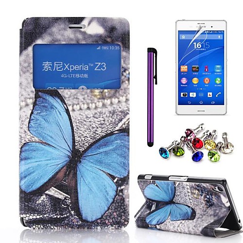 The Blue Butterfly Pattern PU Leather Case with Screen Protector,Stylus and Anti-dust Plug for Sony Xperia Z3 L55T