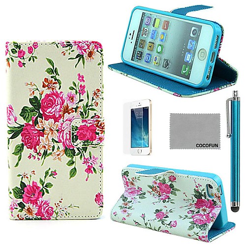 COCO FUN Vintage Flower Pattern PU Leather Full Body Case with Film and Stand and Stylus for iPhone 5/5S