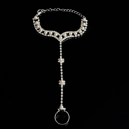 Fashion Silver Plated Crystal Rhinestone Bracelet  with  White Pearl Finger Ring