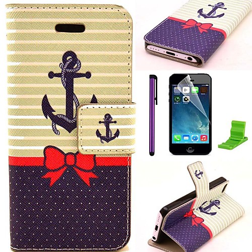 Bowknot Ships Anchor Pattern PU Leather Case with Screen Protector and Stylus for iPhone 5C