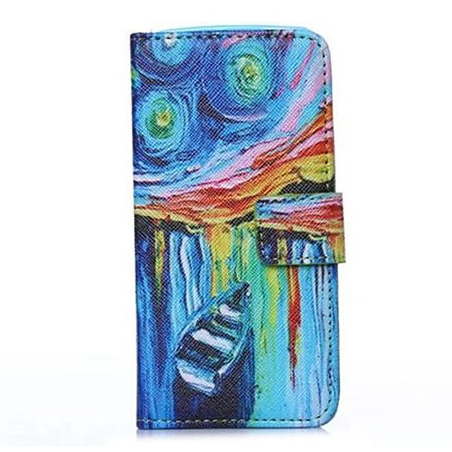 Star Ship Oil Painting Style PU Leather Full Body Case with Stand and Card Slot for iPhone 5/5S