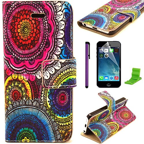 Sun Flower Colorful Pattern PU Leather Case with Screen Protector and Stylus for iPhone 5C