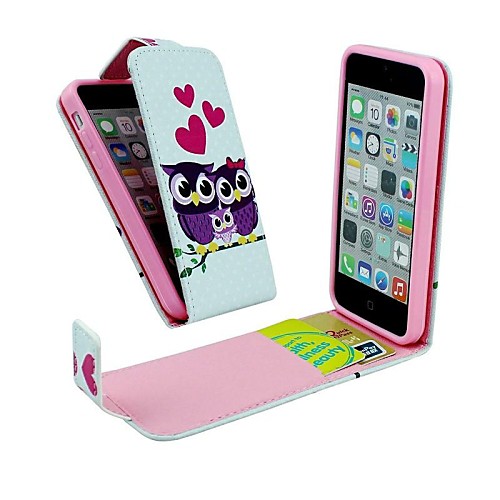 Flip-Open Love Owl Family Pattern PU Leather Full Body Cover with Card Slot Case for iPhone 5C