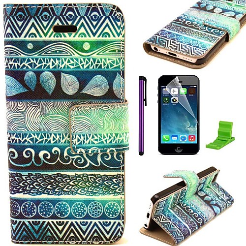 Tribal Flower Symbols Pattern PU Leather Case with Screen Protector and Stylus for iPhone 5C