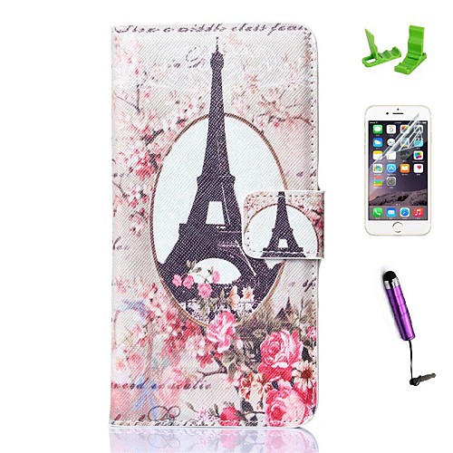 Rose Flowr Tower Pattern PU Leather Case with Screen Protector and Stylus for iPhone 6