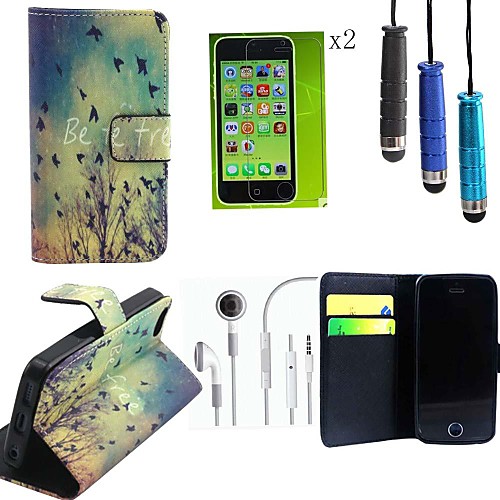 Fall Pattern PU Leather Cover with Card Slot with Touch Pen,Protective Film 2 Pcs and Headset for iPhone 5C