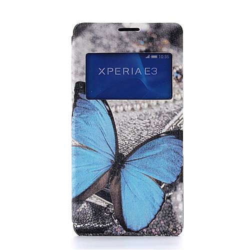 Blue Butterly Pattern PU Leather Full Body Cover with Card and Stand Case for Sony Xperia E3