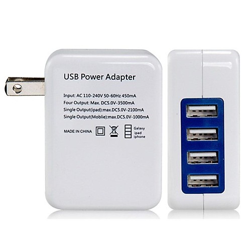 США Plug Power Adapter Сетевое зарядное устройство с 4 портами USB для мобильных телефонов (белый)