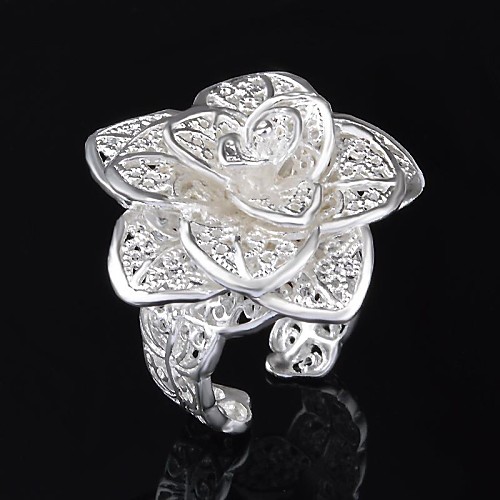 Women's Fashion Silver Hollow Rose Open Ring