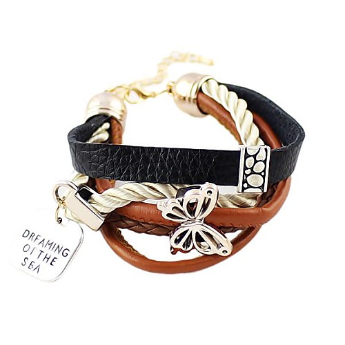 2014 Hot Trends Multilayers Pu Leather With Butterfly Charms Latest Design Bracelet