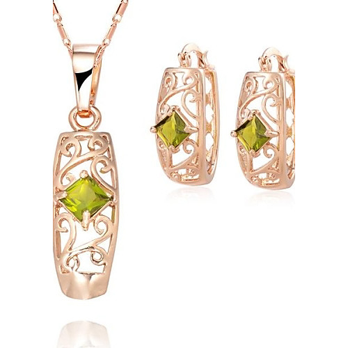 Z&X European Style 18K Gold Plated Green Crystal Pendant Necklace Earrings Jewelry Set (1 set)