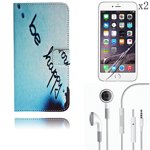 Be Happy Pattern PU Leather Full Body Case with Card Slot Cover with Protective Film 2 Pcs and Headset for iPhone 6