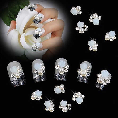 10pcs белый 3d роза Pearl Rhinestone DIY аксессуары Nail Art Decoration