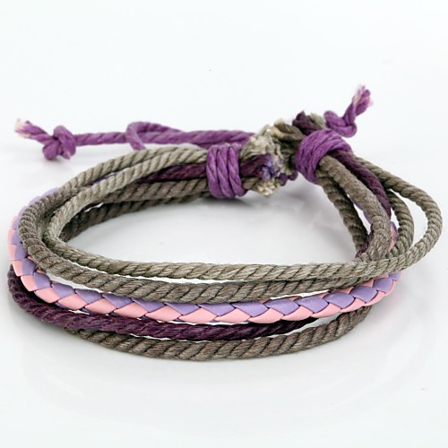 Adjustable Women's Leather Bracelet Very Cool Gray Lavender Rope Pink And Lavender Leather (1 Piece)