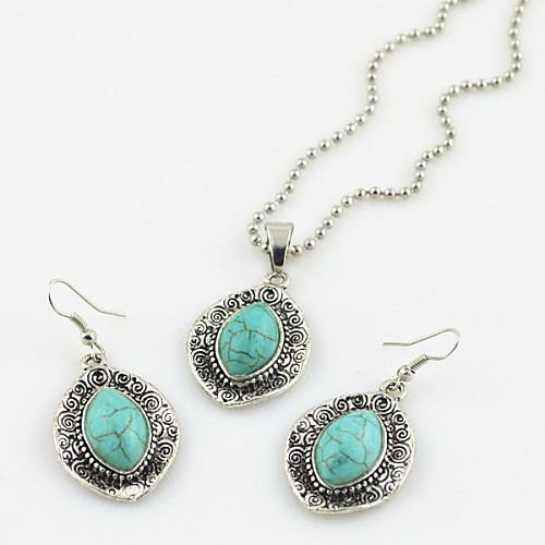 Toonykelly Vintage Antique Silver Turquoise Stone(Earring and Necklace) Jewelry Set