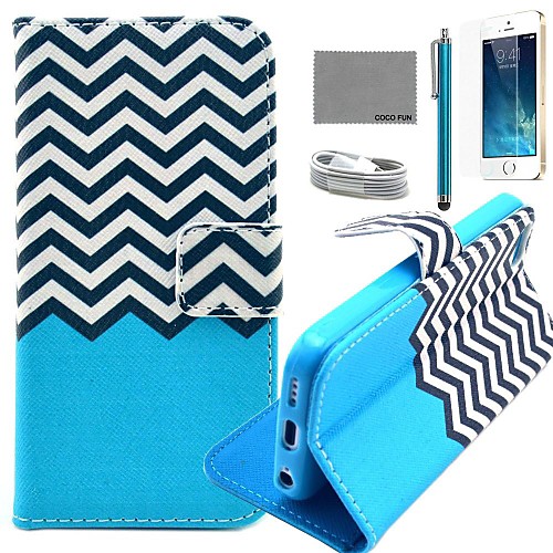 COCO FUN Black White Wave Pattern PU Leather Case with Screen Protector and USB Cable and Stylus for iPhone 5/5S