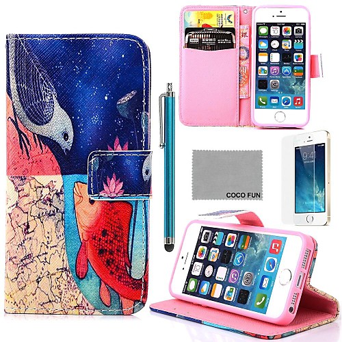 COCO FUN Fish Owl Bird Pattern PU Leather Case with Screen Protector and Stylus for iPhone 5/5S